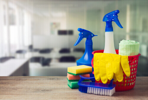 Cleaning Materials in a Red Basket